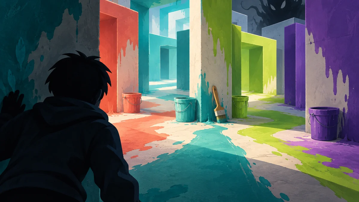 Editorial illustration of a player planning a route through a colorful maze with paint buckets, a brush, and a distant monster silhouette
