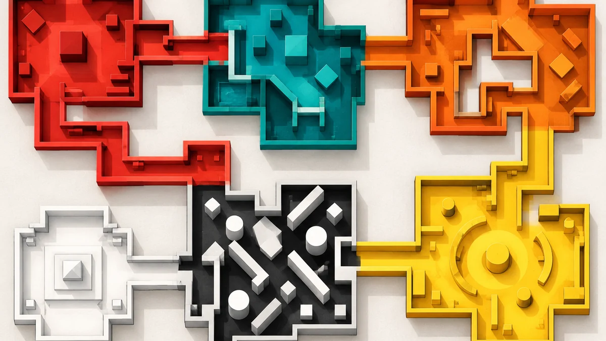 Editorial maze route diagram connecting the red bucket, puzzle loop, color doors, brush checks, and white exit as separate checkpoints