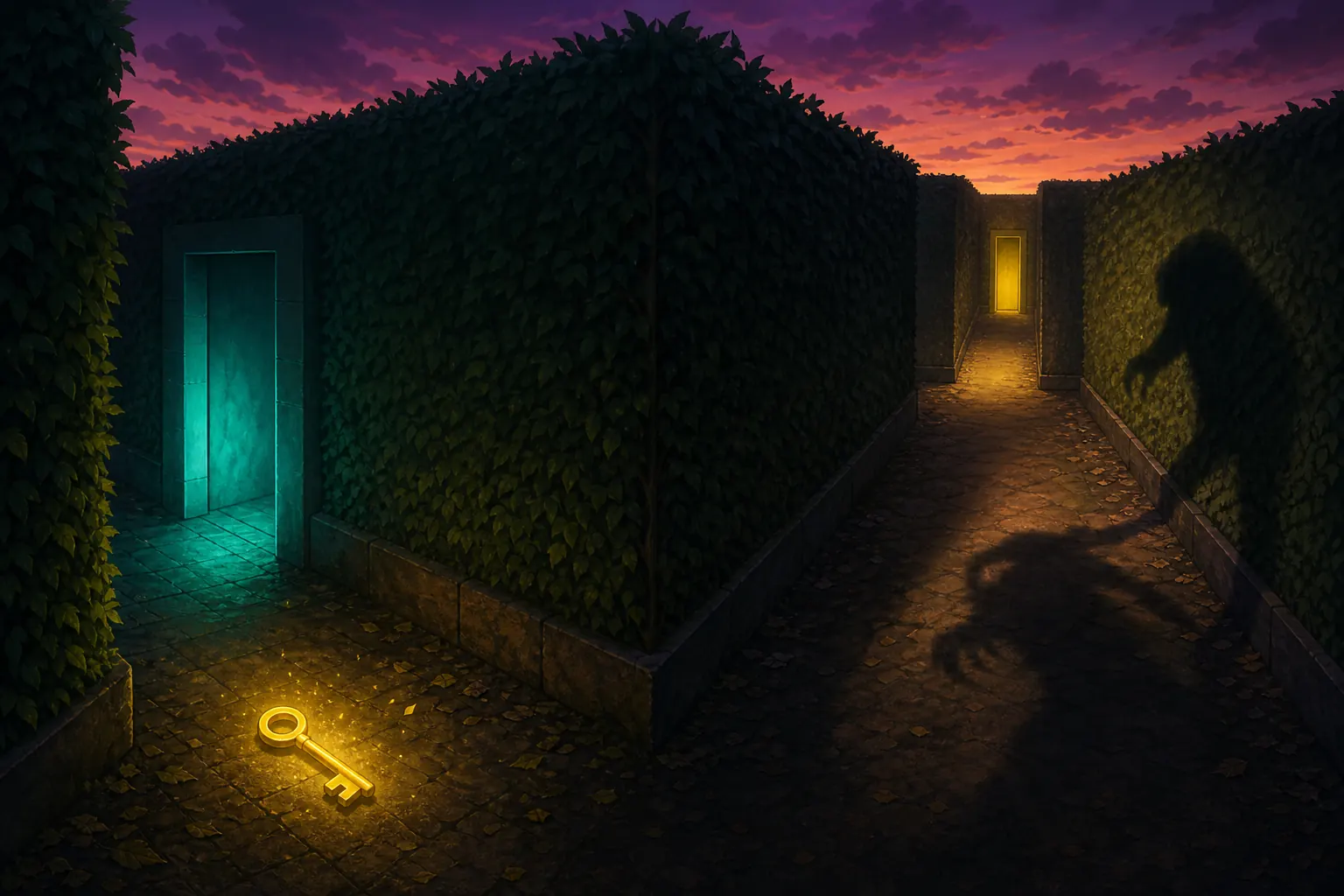 Editorial Color or Die Chapter 1 illustration with a key, teal door, yellow door, and monster shadow