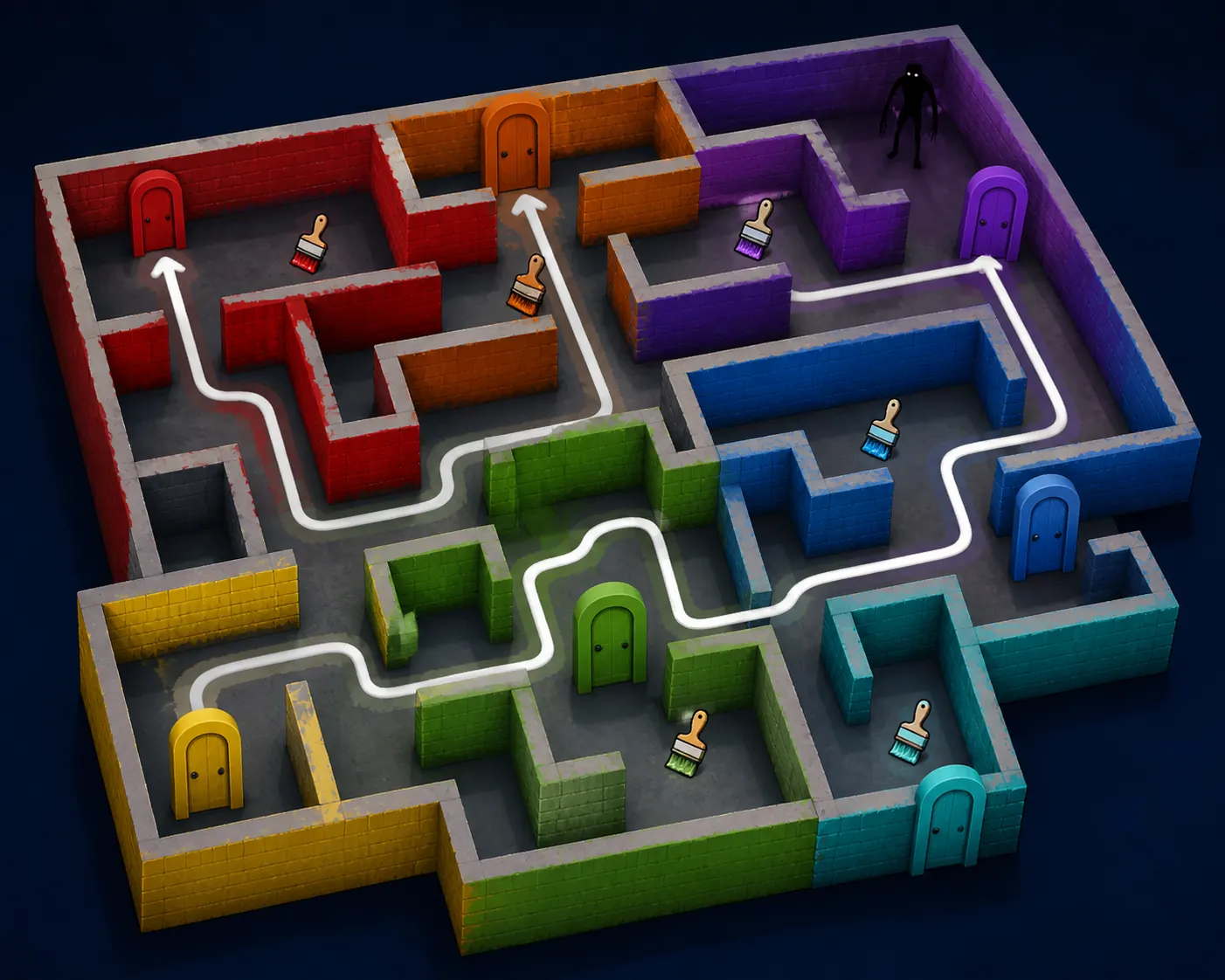 Editorial Color or Die Chapter 1 route illustration with colored zones, doors, paintbrushes, and a monster silhouette
